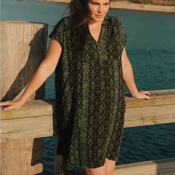 Anthropologie Rachel Tunic Dress Women Small Green Black Snakeskin Print Shift - Picture 16 of 16